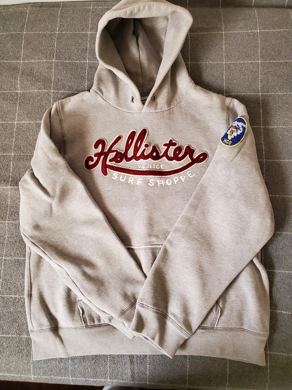 Hollister Light Gray Hoodie with Burgundy Script Logo